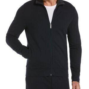 EUC Perry Ellis Dark Navy Pinstripe Zip Up Jacket with Stand-Up Collar. Size L